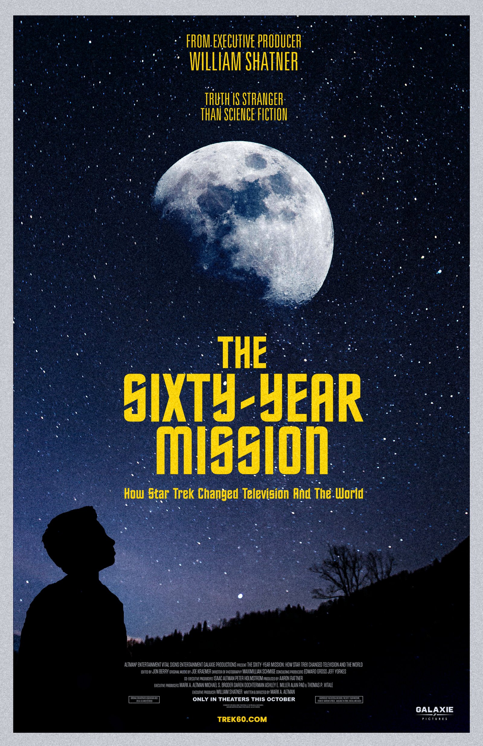 Poster for The Sixty-Year Mission documentary, featuring a starship crossing a full moon in a star-filled sky
